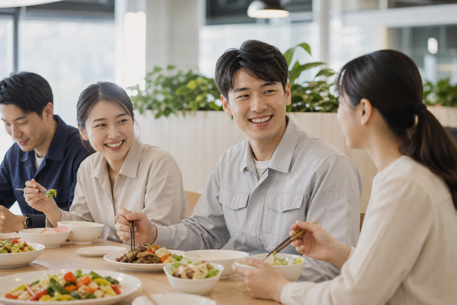 Employees communicating in a bright workplace, representing human care