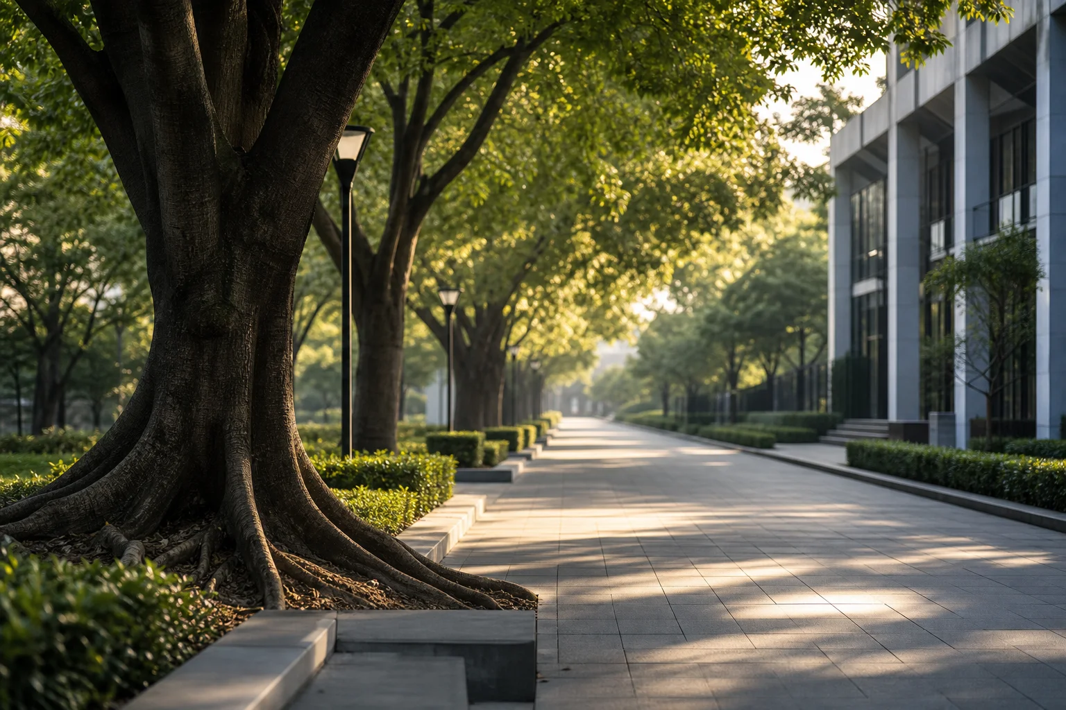 A green campus path representing long-term stability