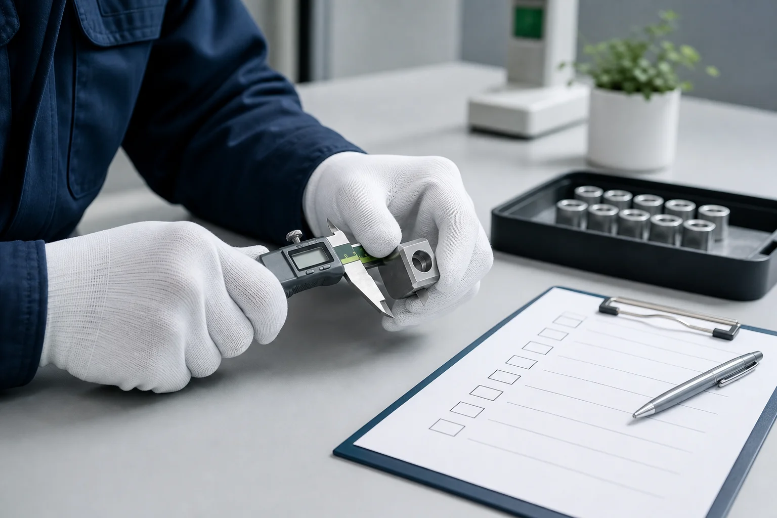 A quality inspector measuring a component